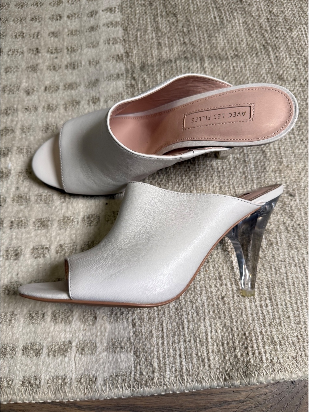 Avec Les Filles White Leather Open Toe Mule Heels with Clear Lucite Heel